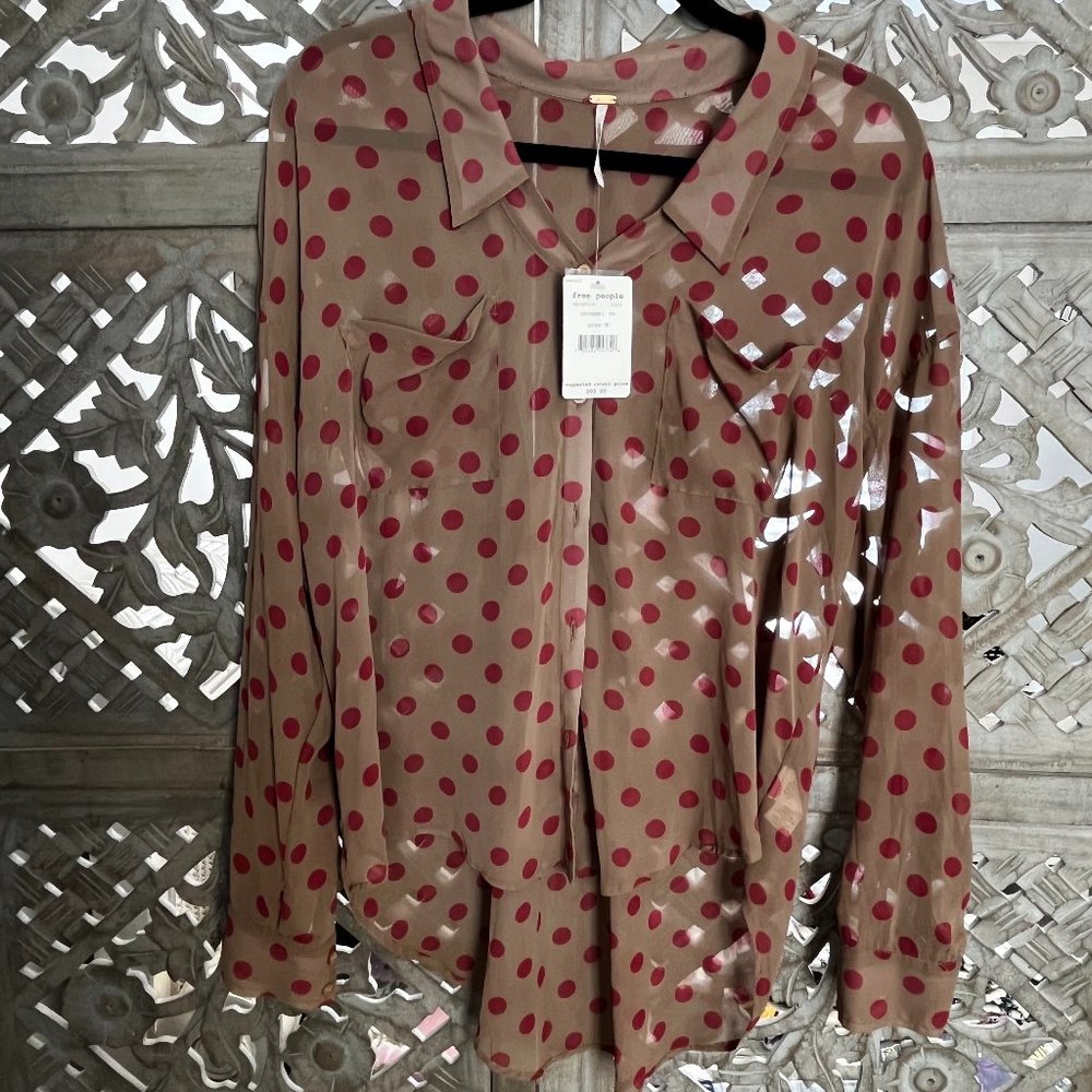 NWT Free People Sheer Easy Rider Polka Dot‎ Shirt. Size Medium